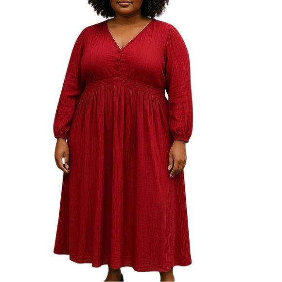 Bloomchic Long Sleeve Midi Dress Red - Picture 1 of 7
